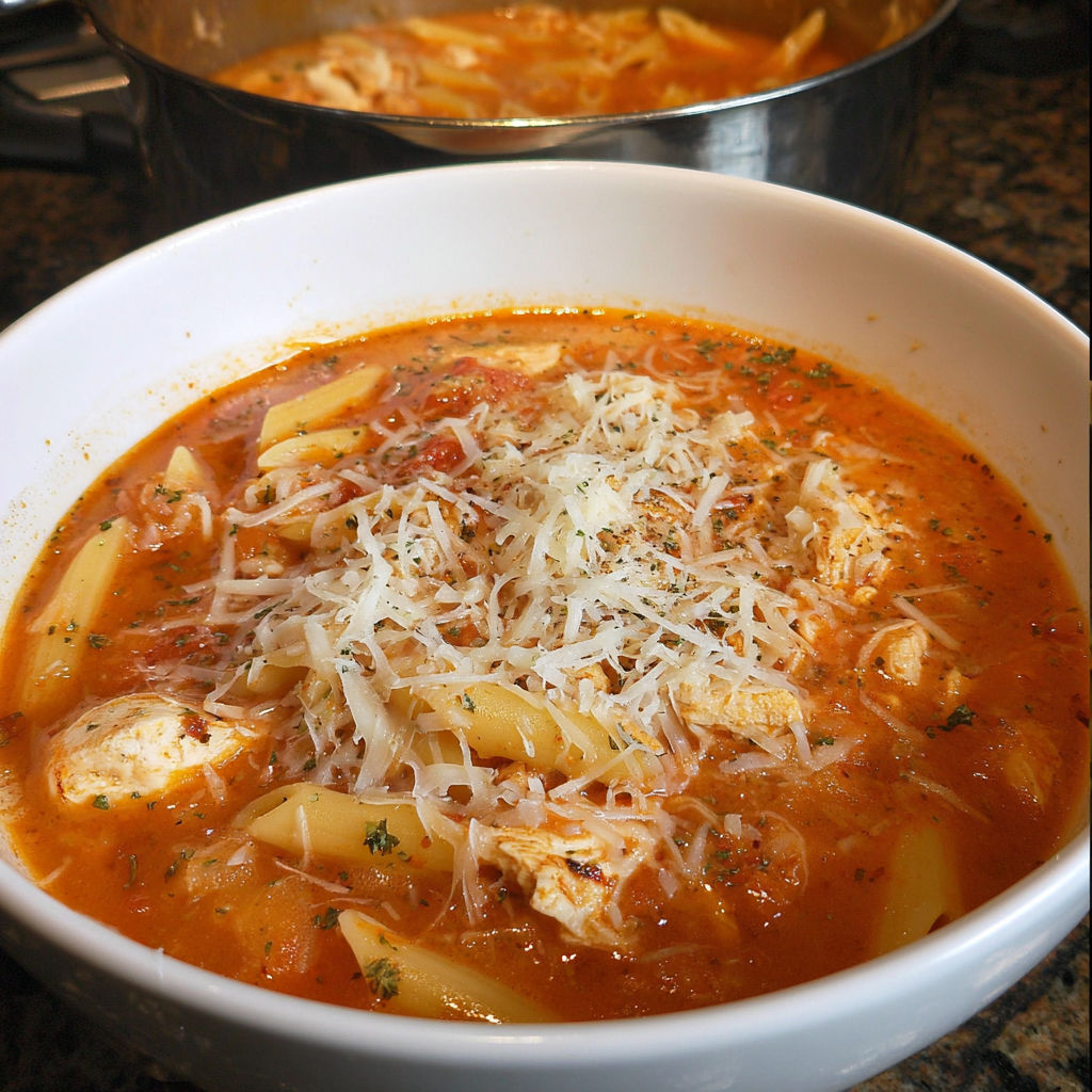 A bowl of chicken parmesan soup.