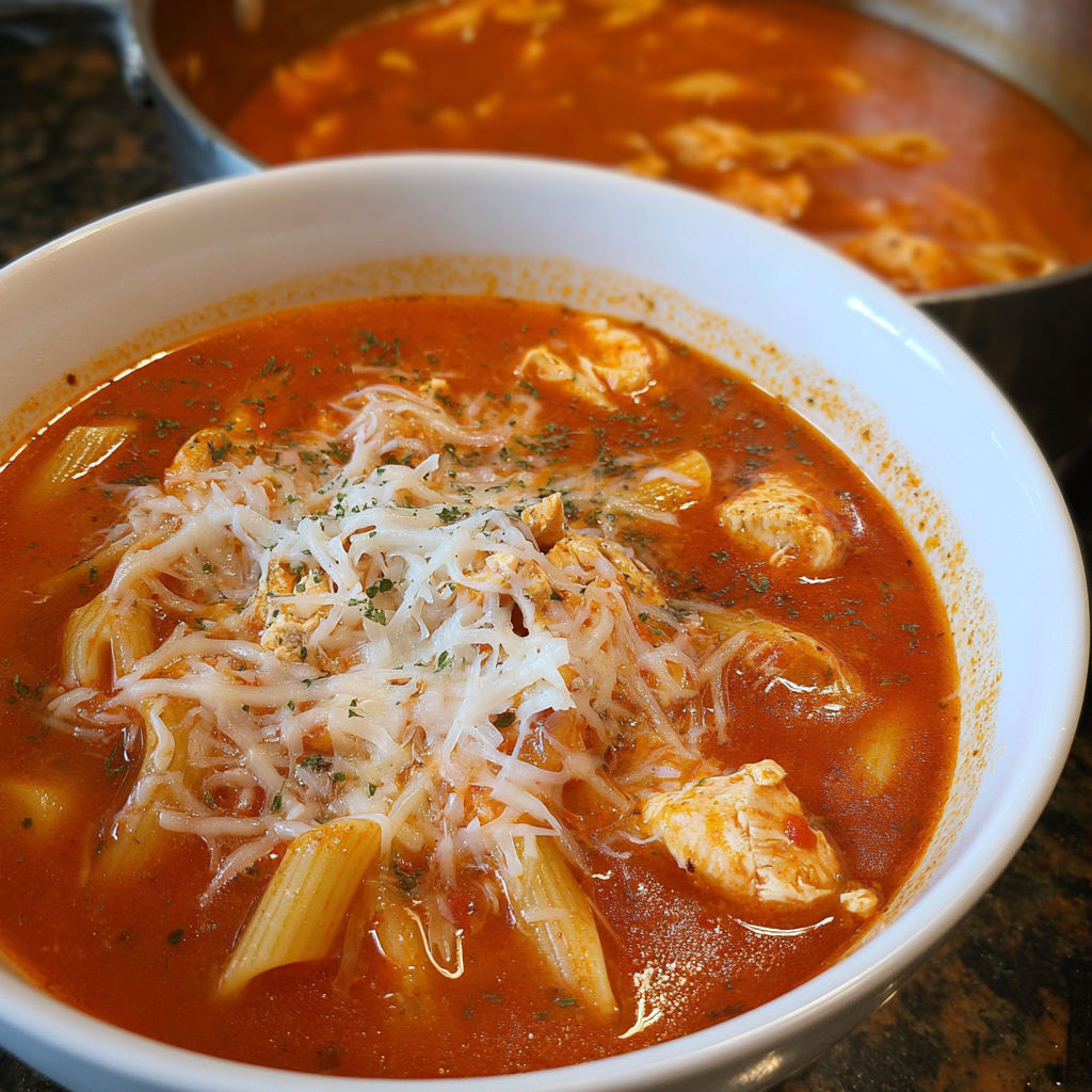 A bowl of chicken Parmesan soup.
