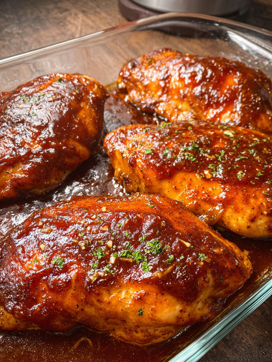 A pan of baked BBQ chicken.