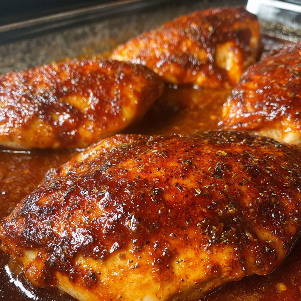 Chicken on a pan with sauce.