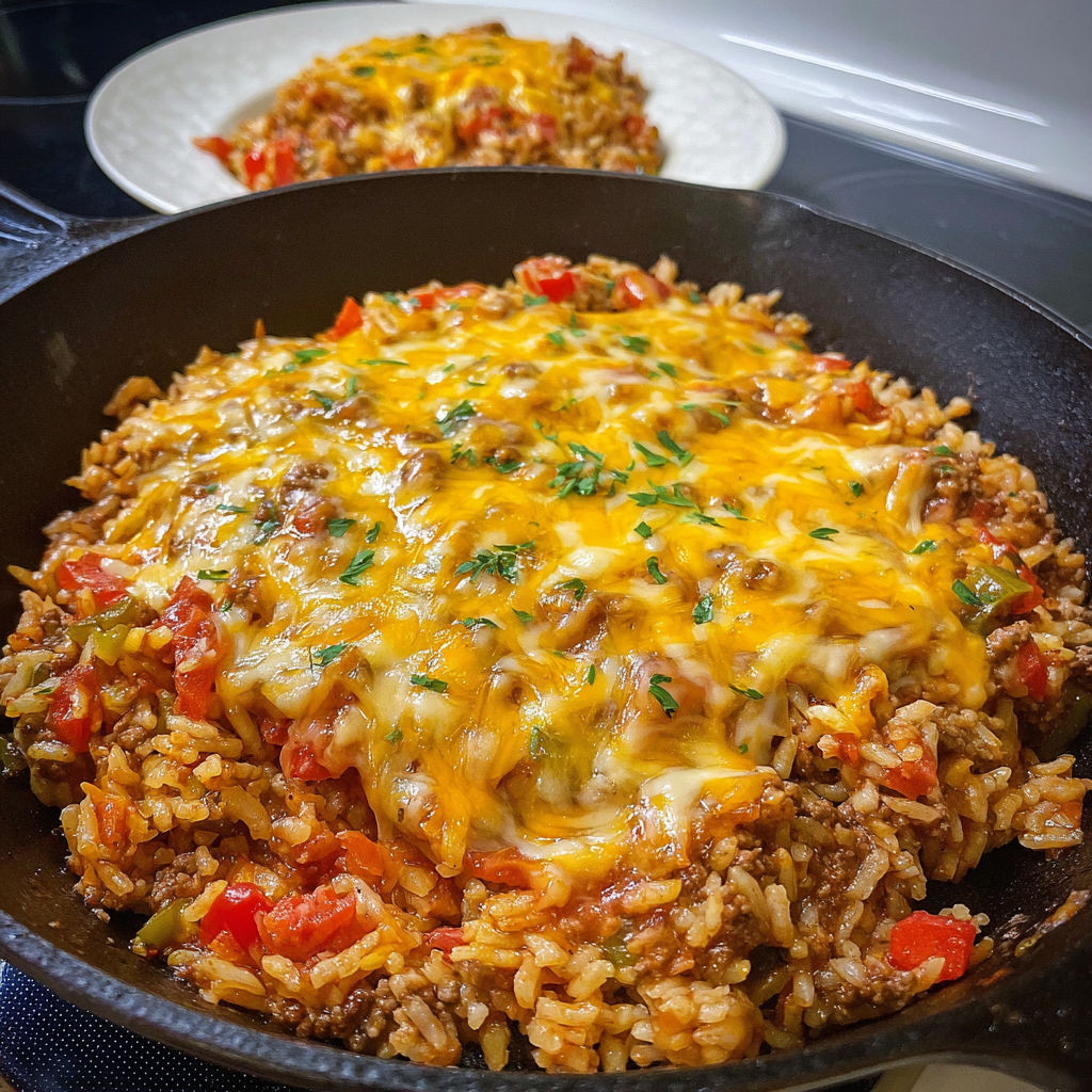 A plate of beef and rice with cheese on top.