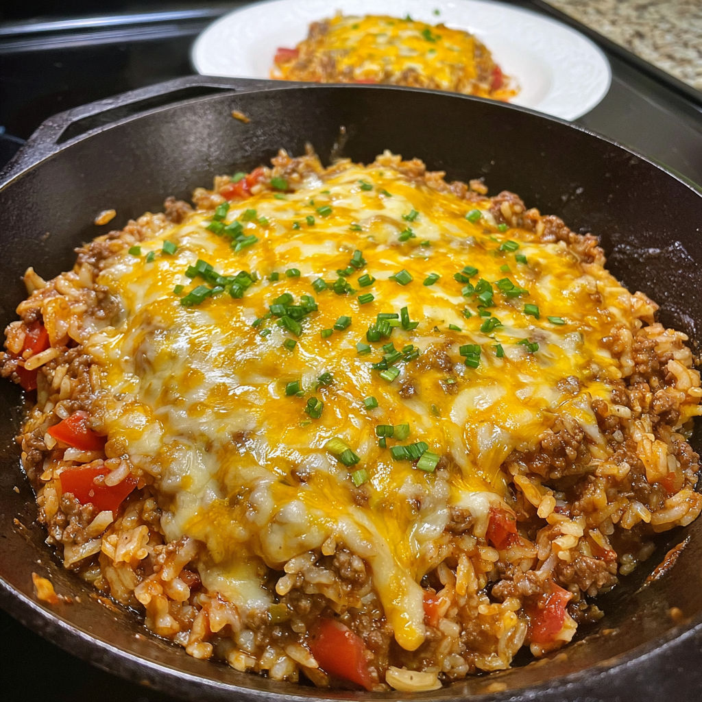A close up of a delicious cheesy beef enchilada rice.