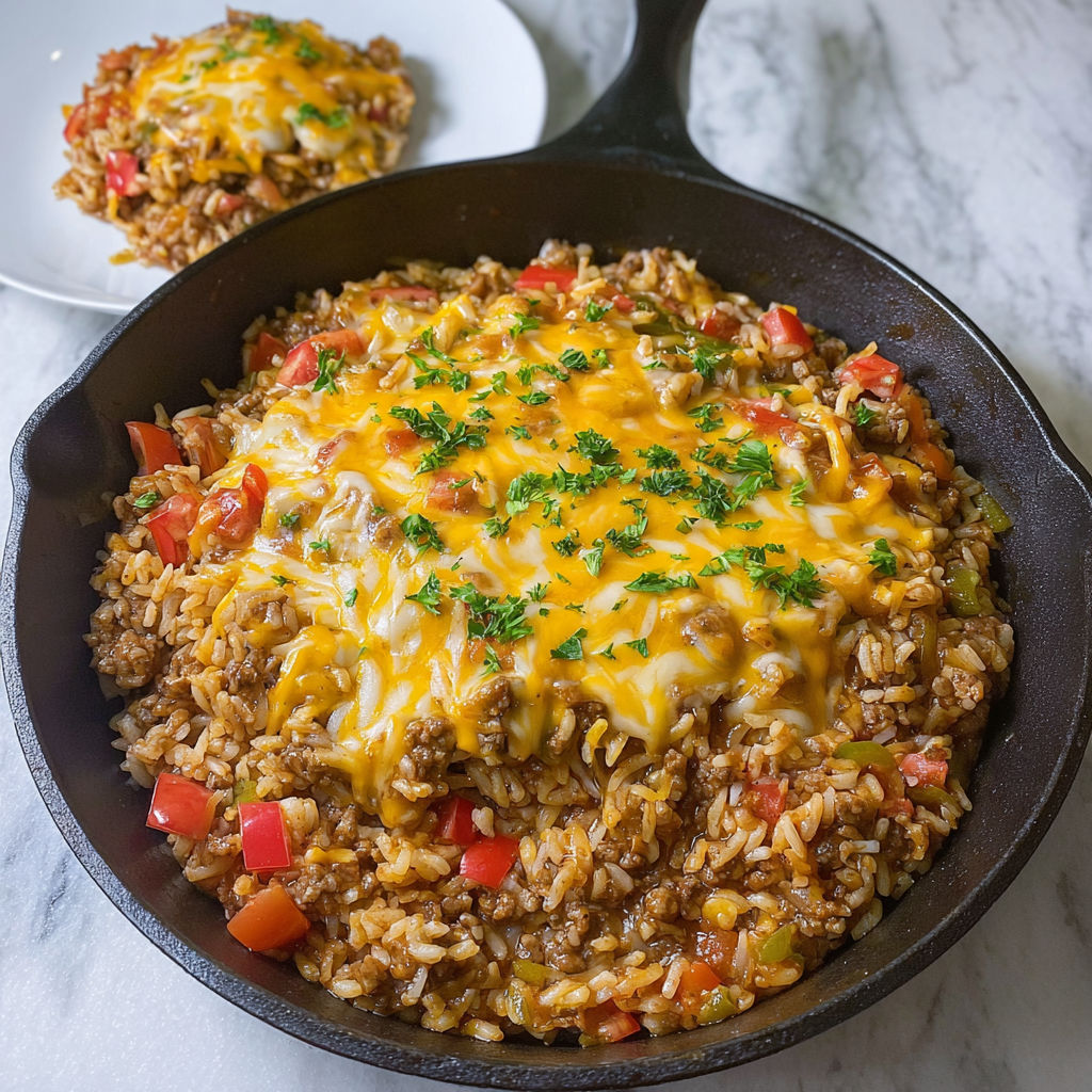 A delicious cheesy beef enchilada rice dish.