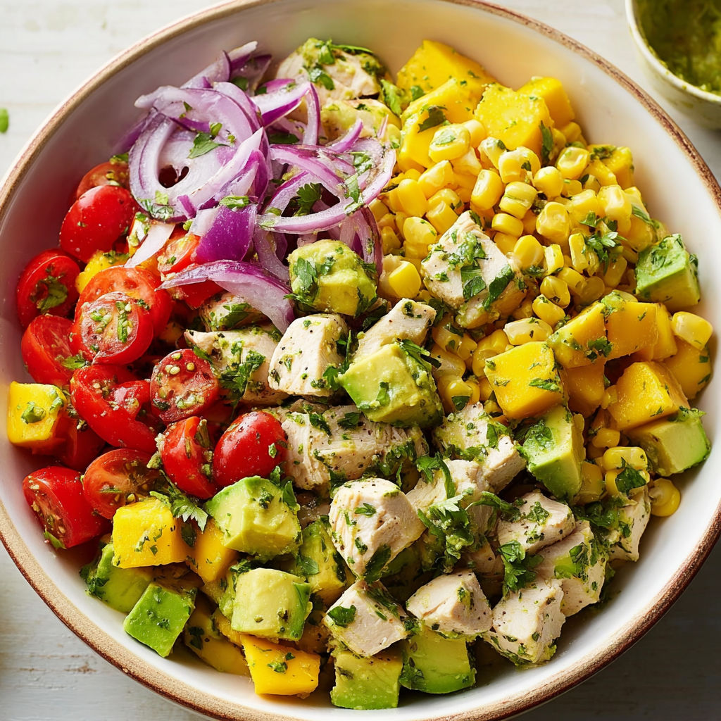 A bowl of chicken salad with avocado.