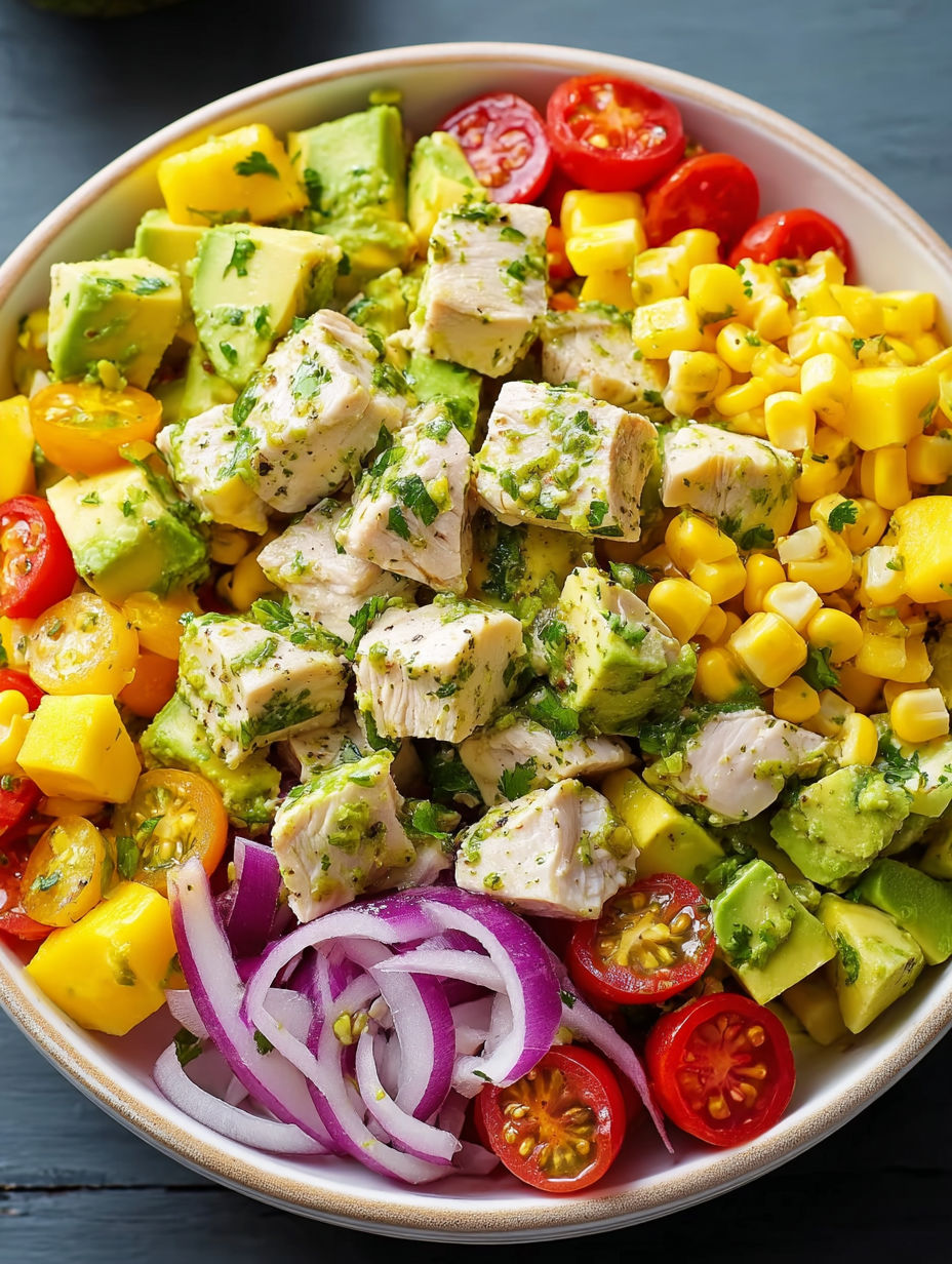 A bowl of chicken salad with avocado, tomatoes, and onions.