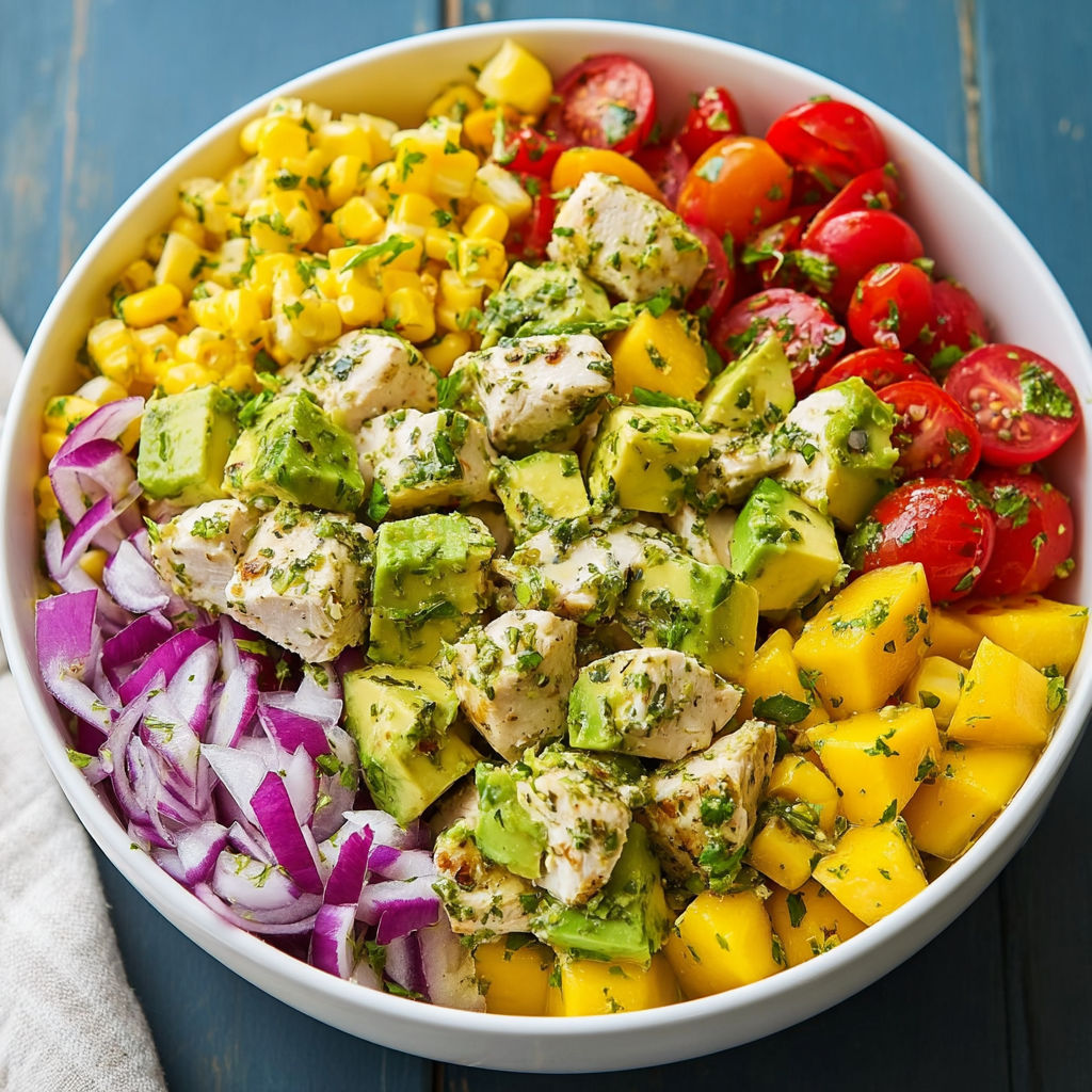 A bowl of chicken salad with avocado, tomatoes, and onions.