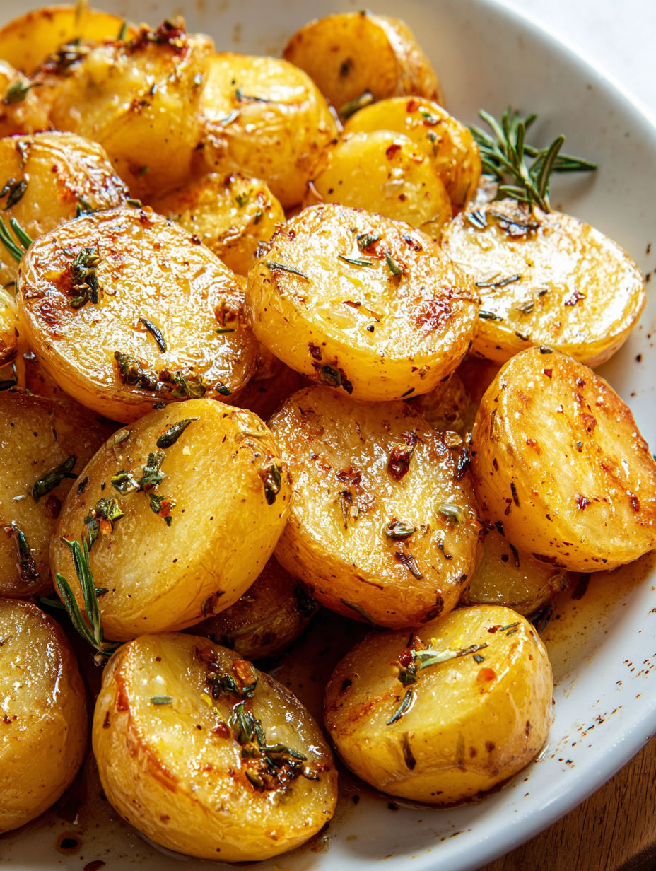 A plate of melted potatoes with herbs.