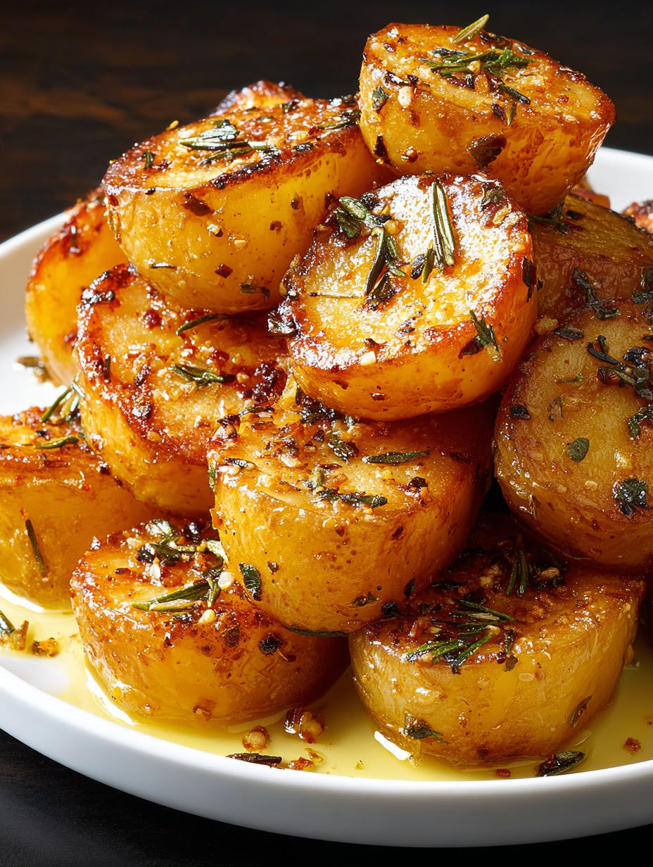 A plate of melted potatoes with herbs.
