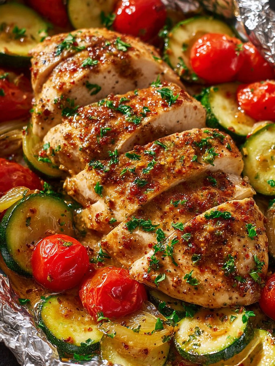 A plate of chicken with tomatoes and zucchini.