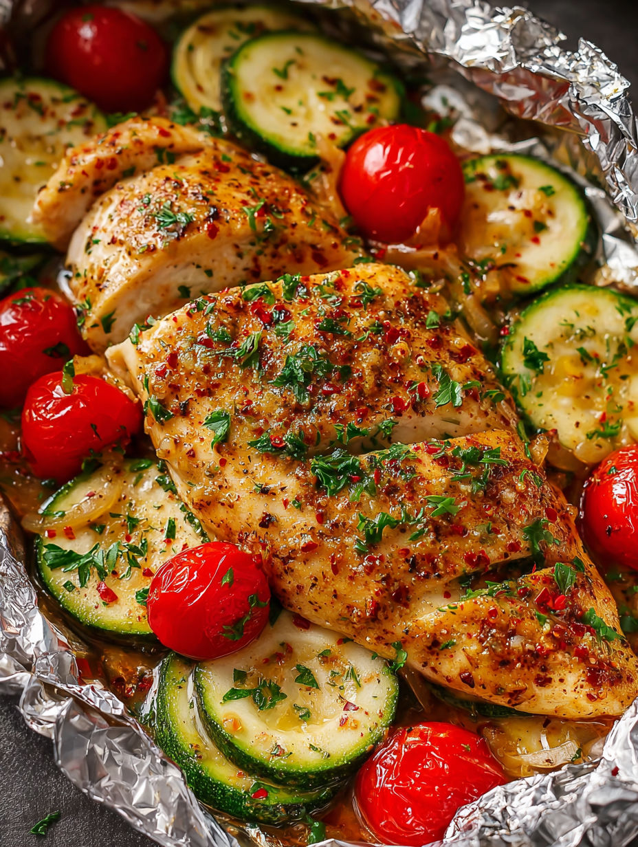 A foil packed meal of chicken, tomatoes, and zucchini.