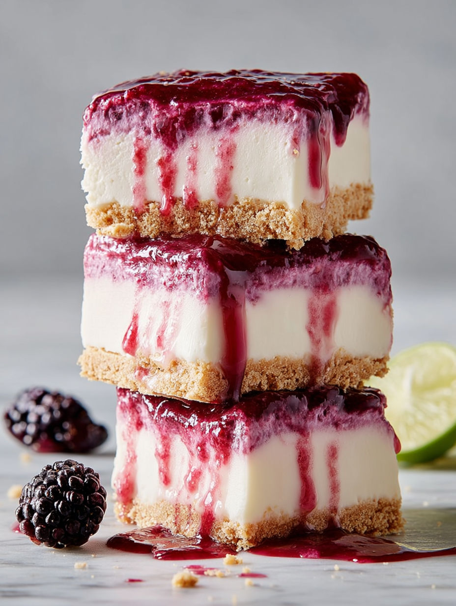 Three layers of blackberry cheesecake bars.