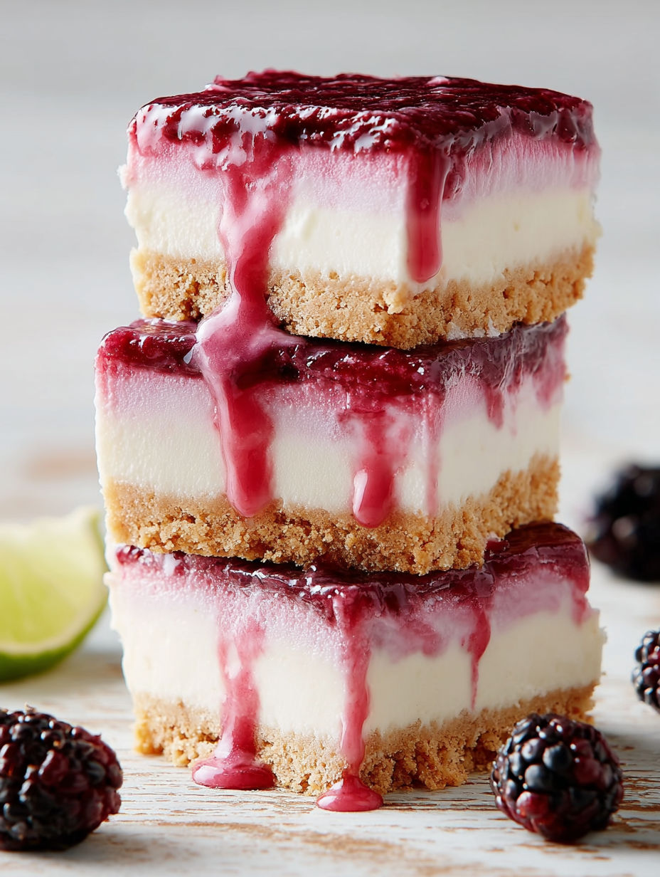 A stack of three no-bake blackberry cheesecake bars.