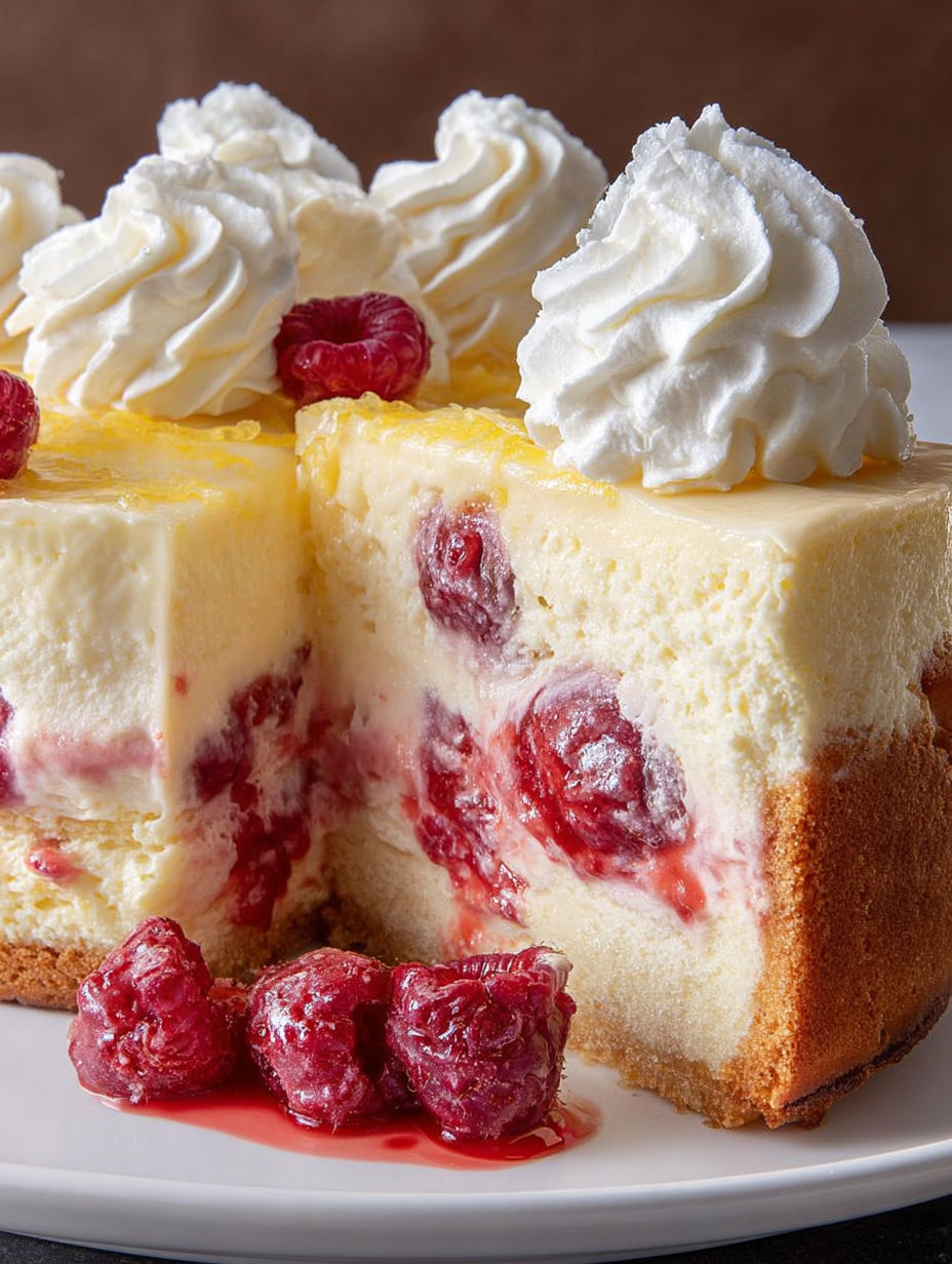 A slice of cheesecake with raspberries on top.