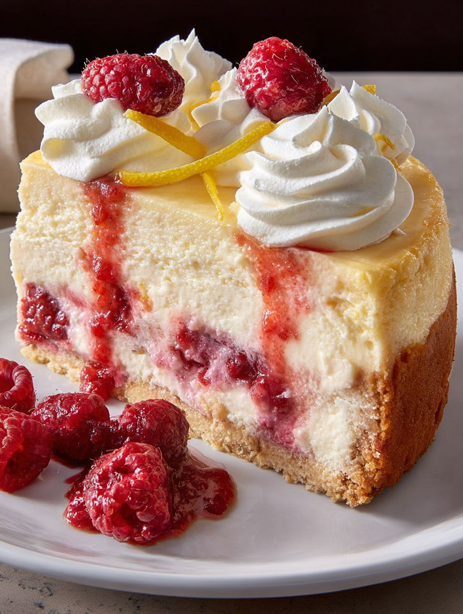 A slice of cheesecake with raspberries and a lemon wedge on top.