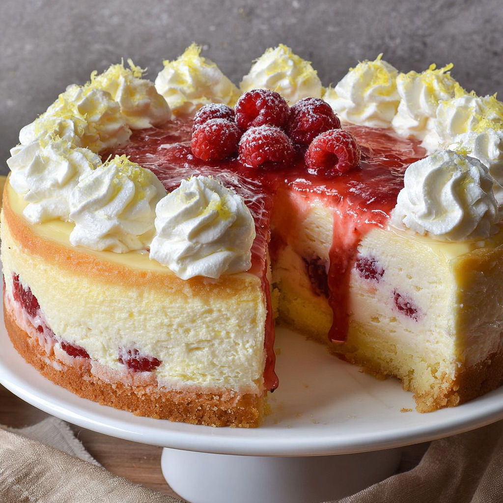 A slice of a lemon raspberry cream cheesecake.