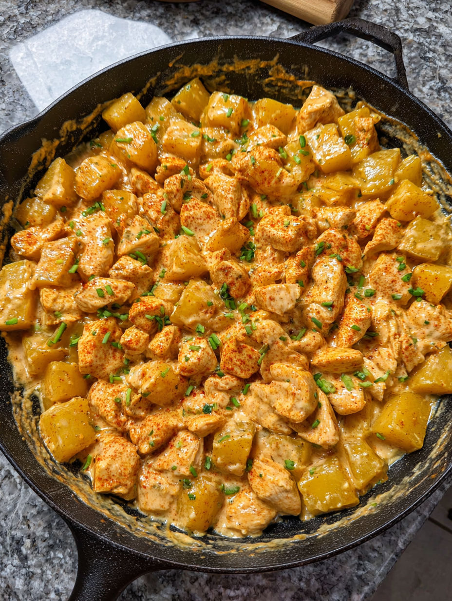 A pan of food with chicken, potatoes, and green onions.