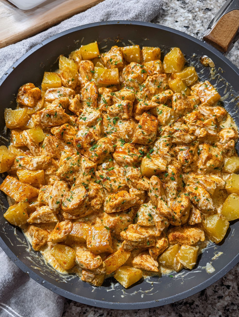A pan of food with chicken and potatoes.