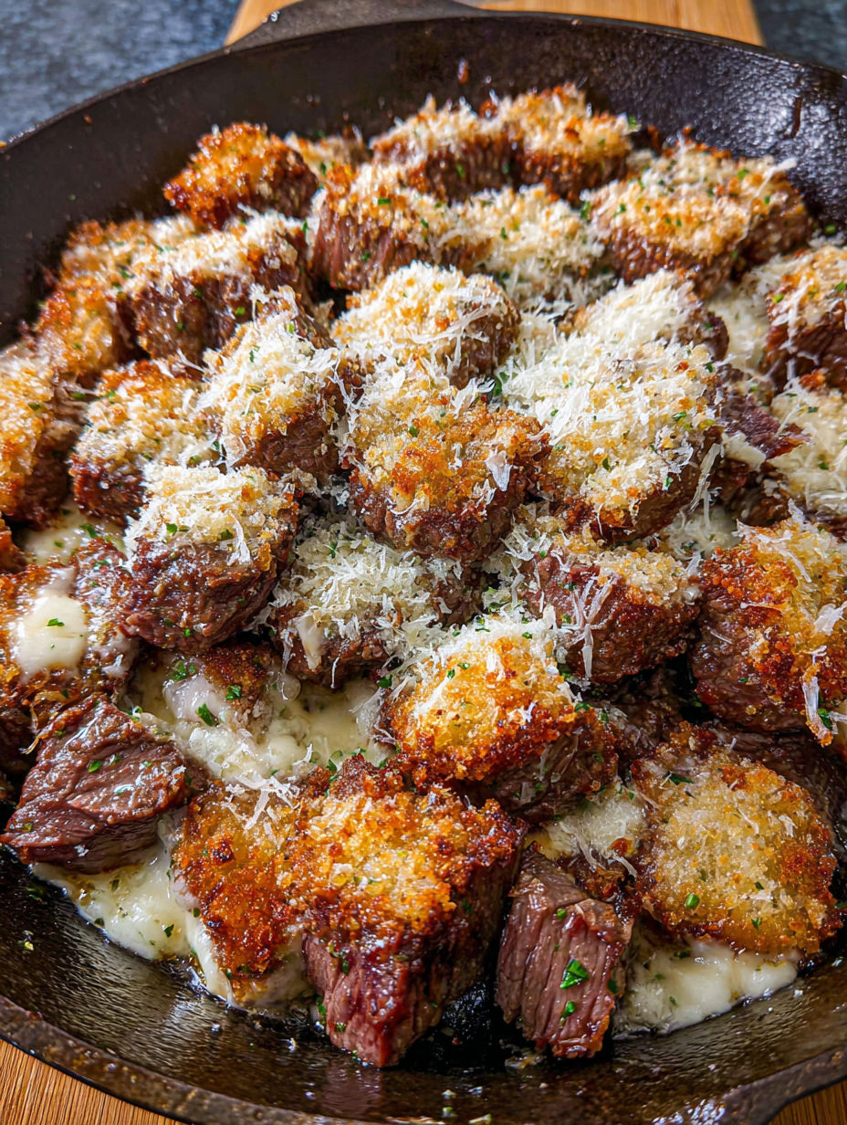A plate of Parmesan crusted steak bites.