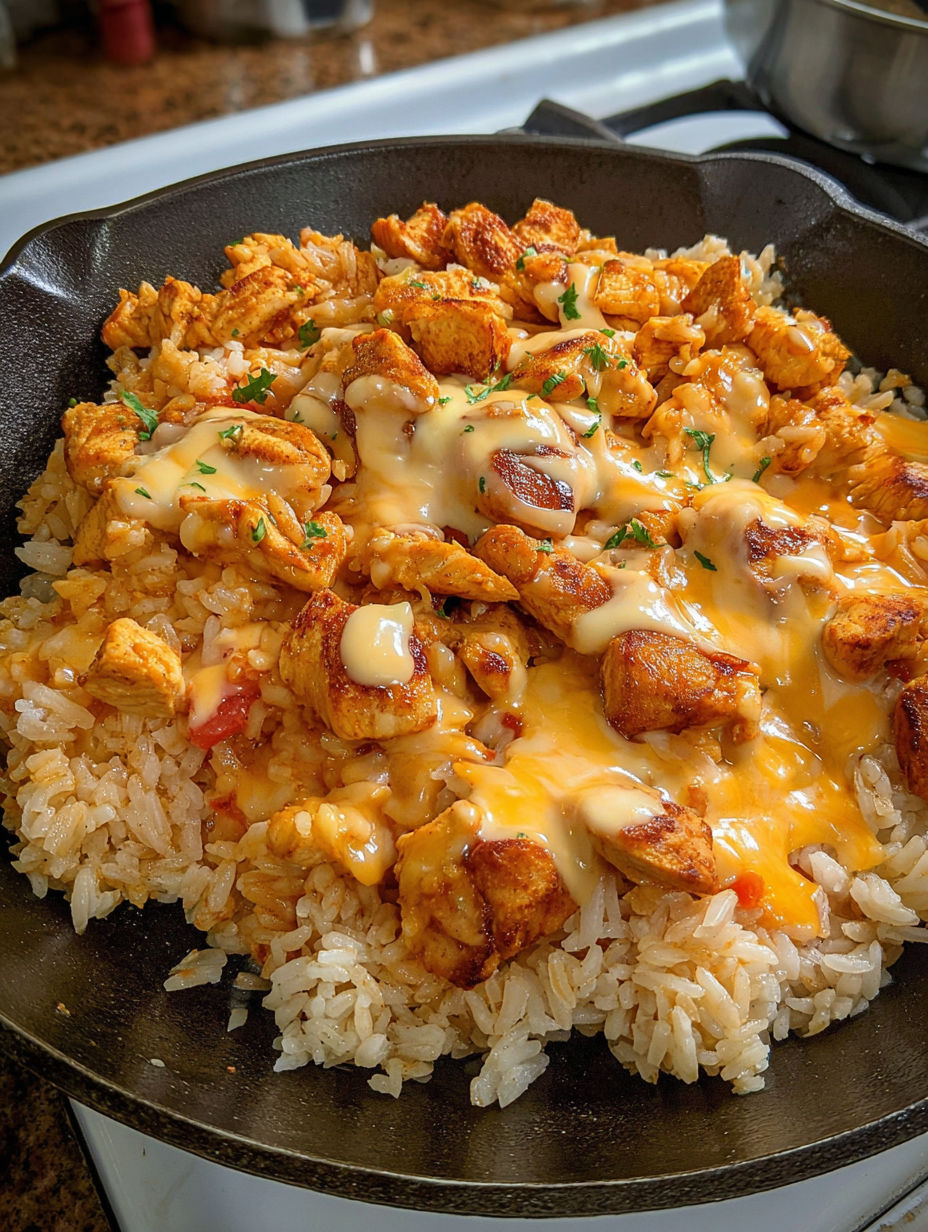 A delicious Mexican Cheesy Chicken & Rice dish.