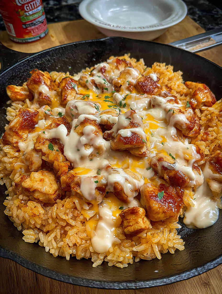 A plate of food with rice and chicken.