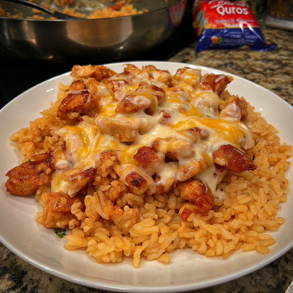 A plate of food with rice and chicken.