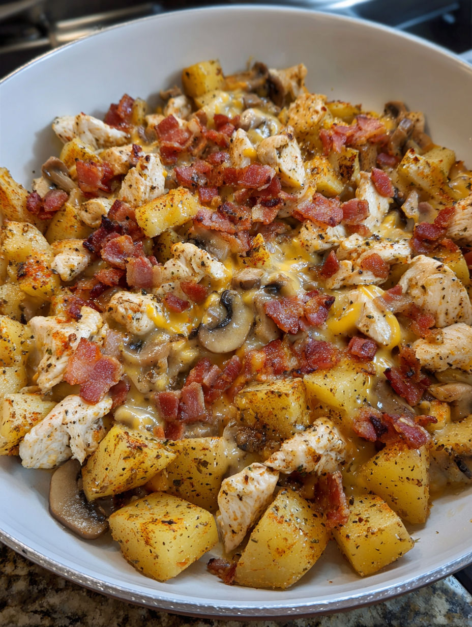 A plate of chicken and potatoes.