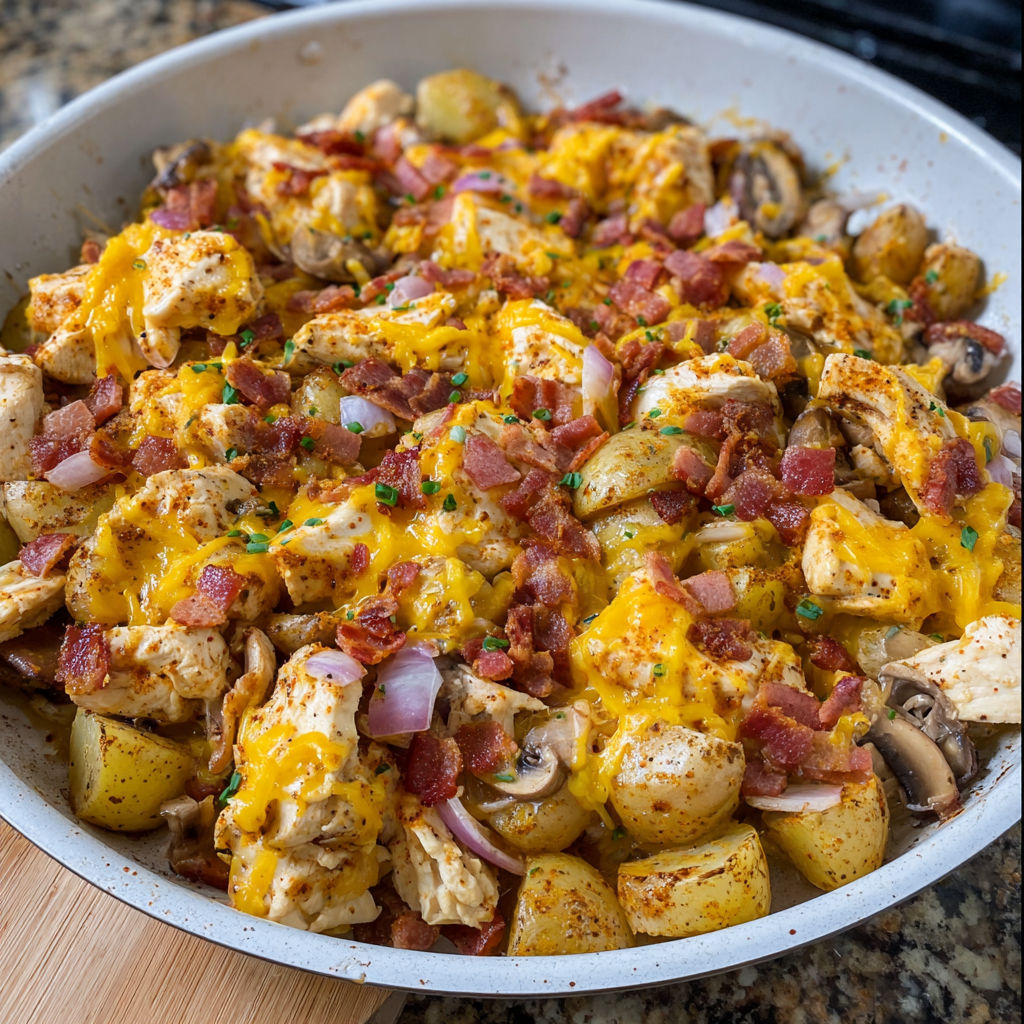 A dish of chicken and potatoes.
