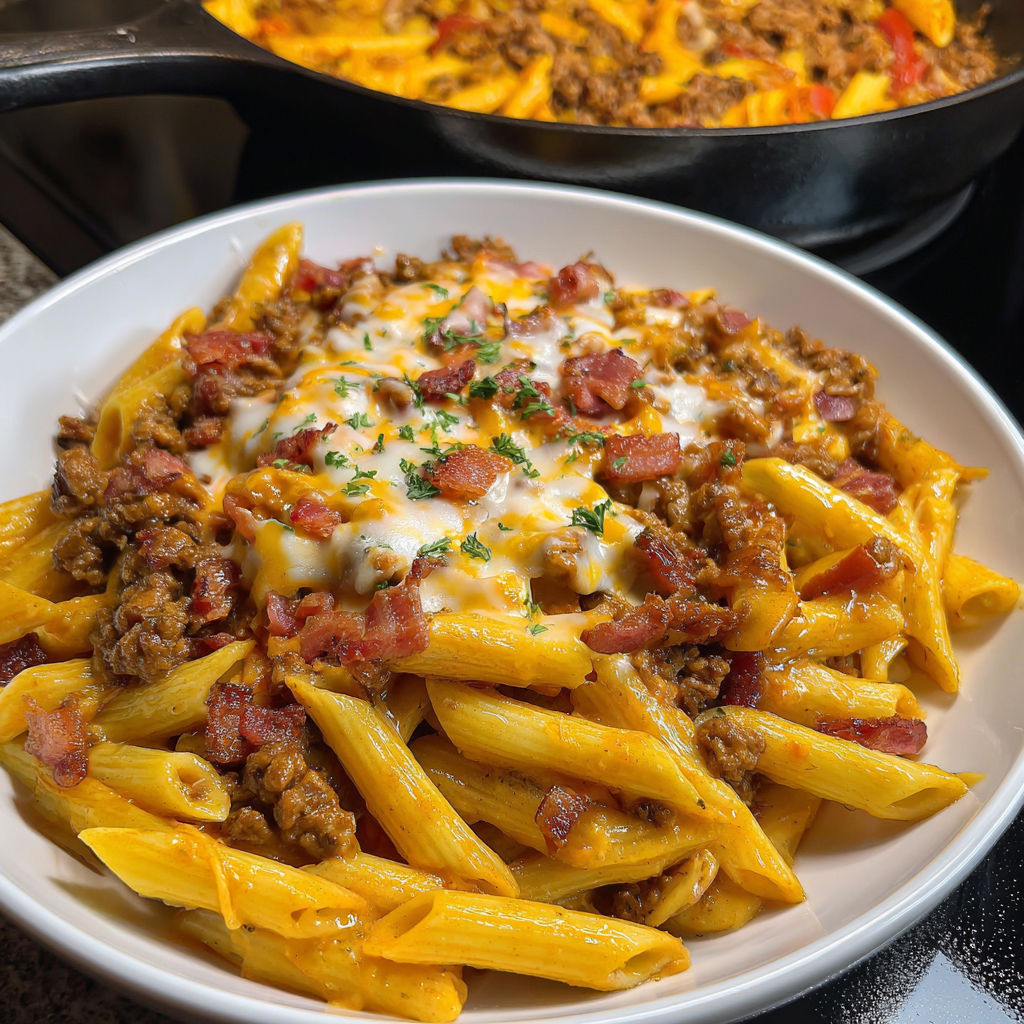 A plate of pasta with meat and cheese.