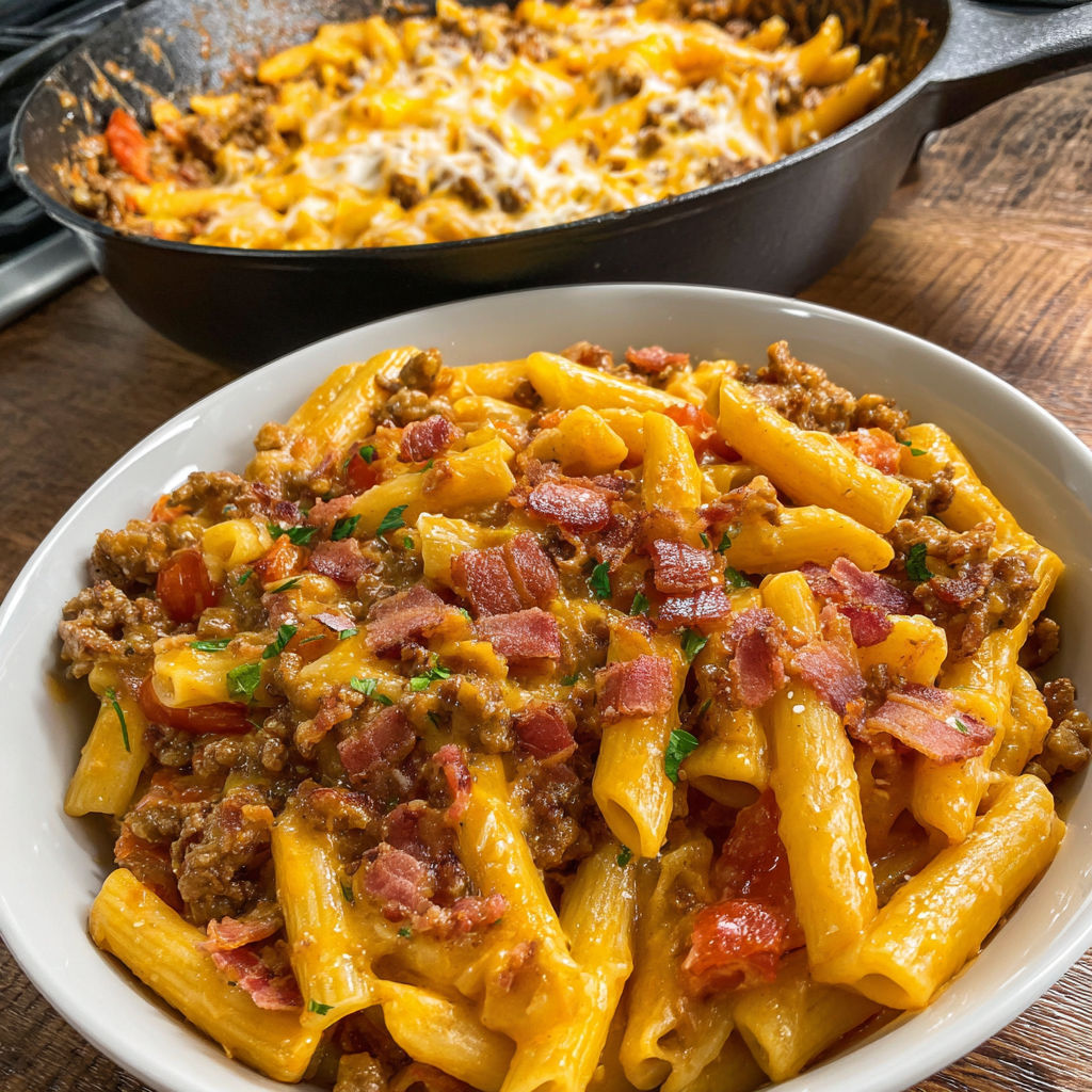 A bowl of pasta with meat and cheese.