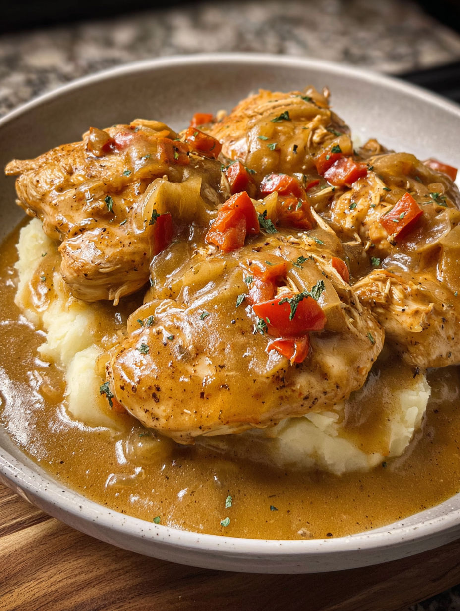 A plate of food with chicken and potatoes.