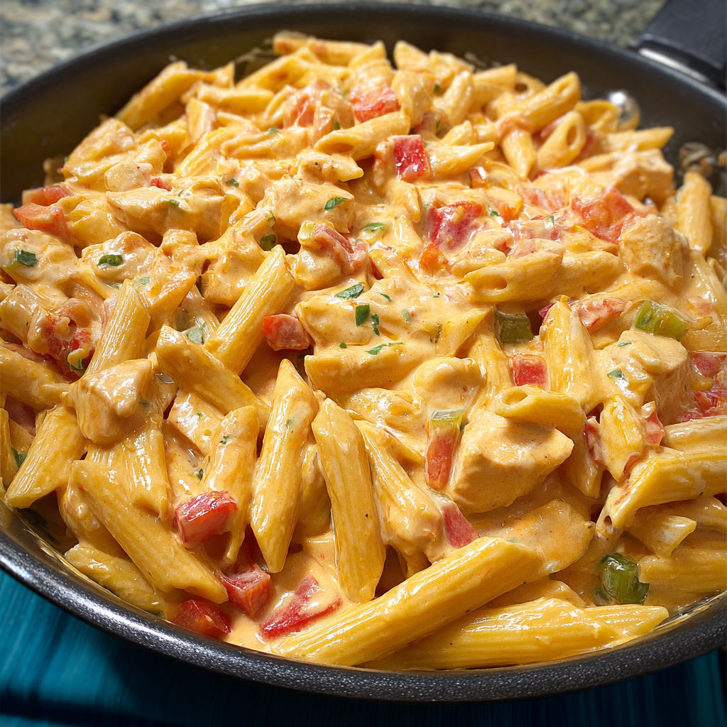 A bowl of chicken and pasta.