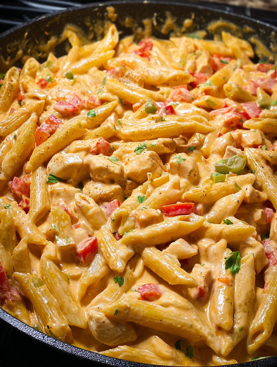 A bowl of pasta with chicken and tomatoes.