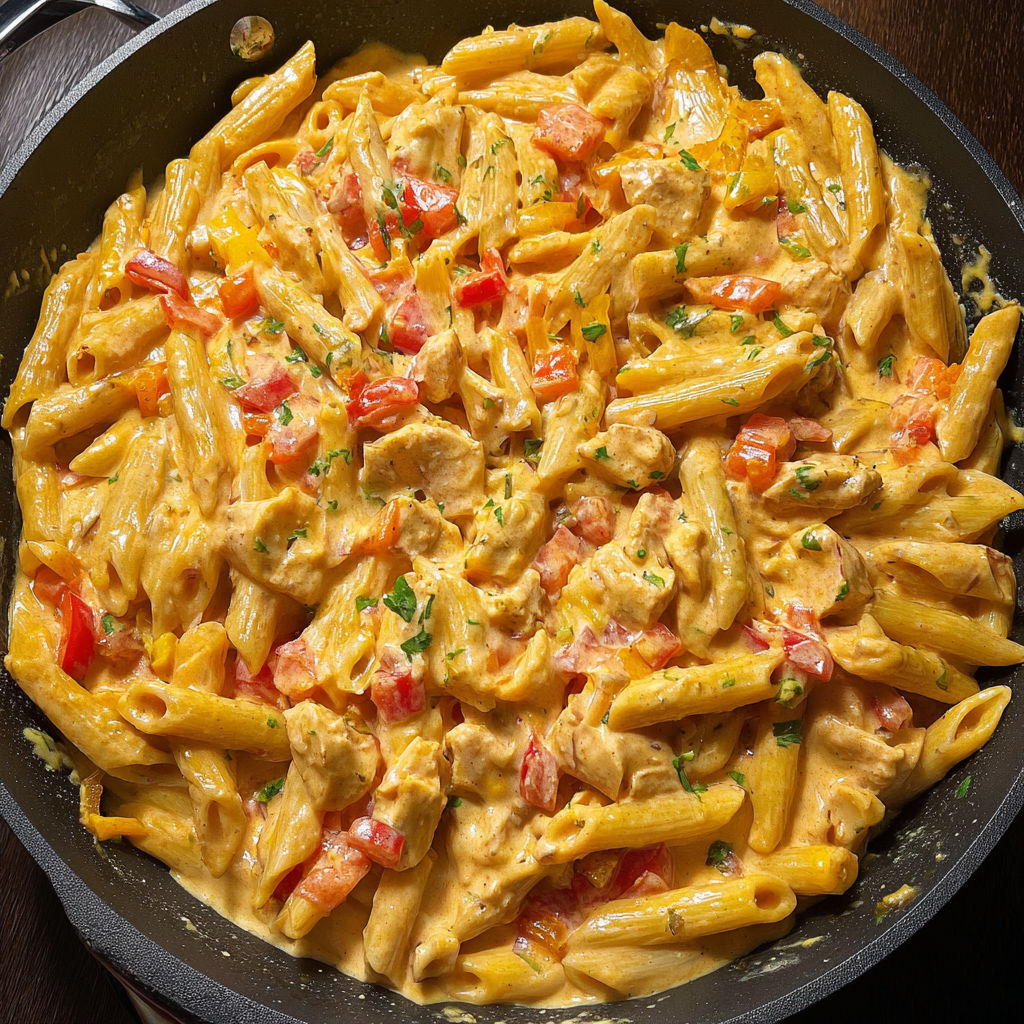A pan of pasta with tomatoes and chicken.