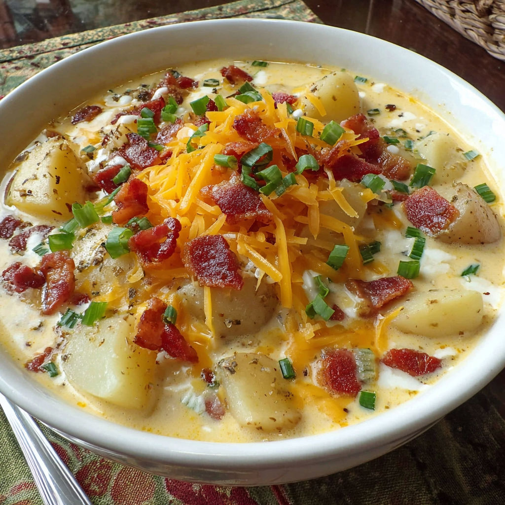 A bowl of soup with bacon, cheese, and potatoes.