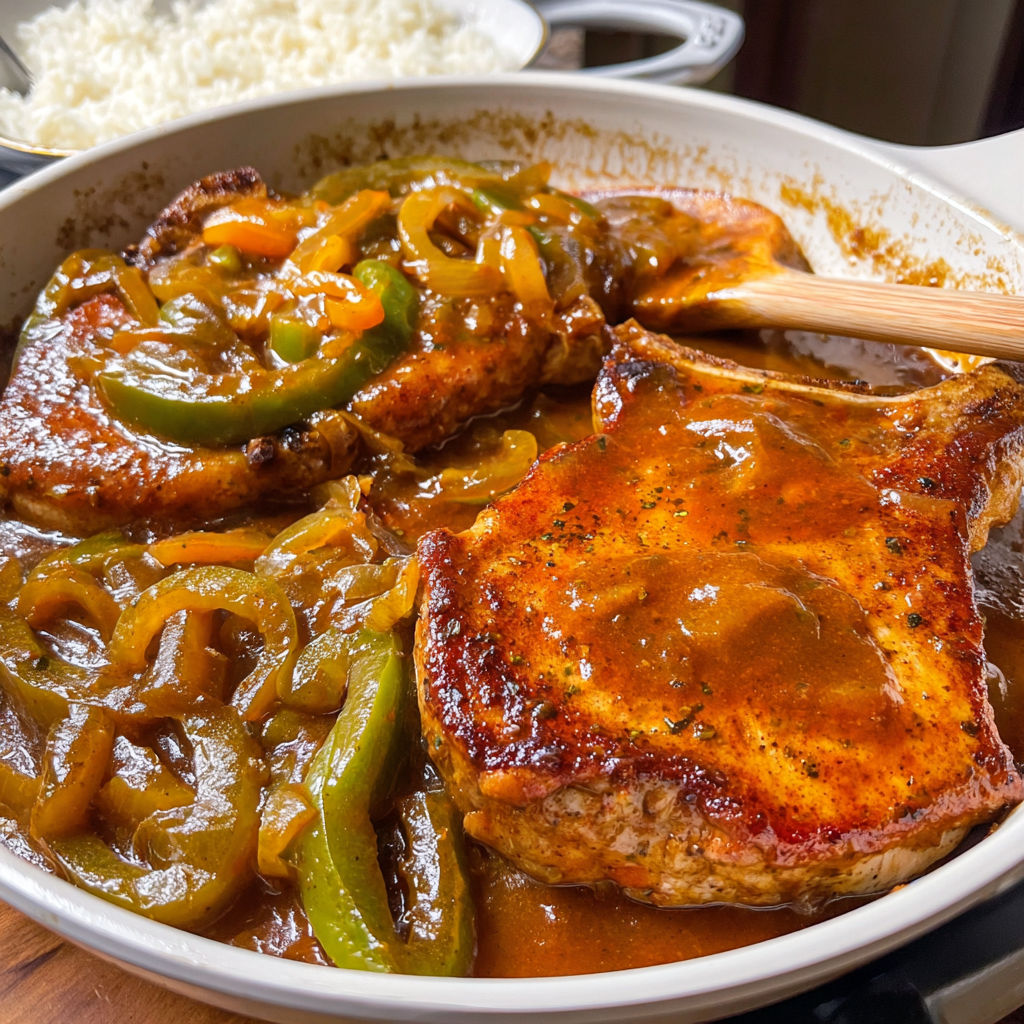 A plate of smothered pork chops.