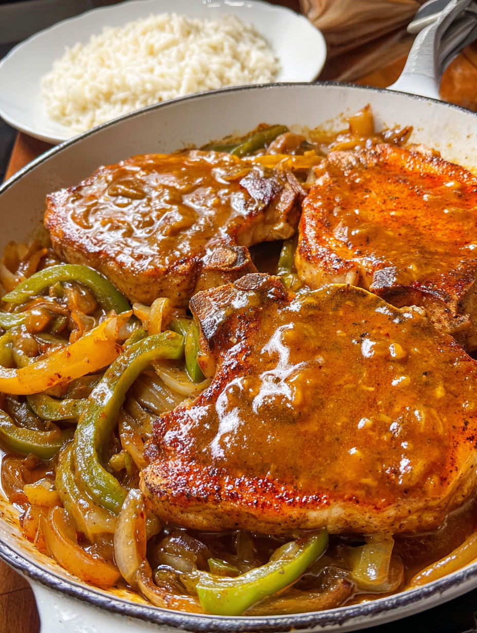 A plate of smothered pork chops.