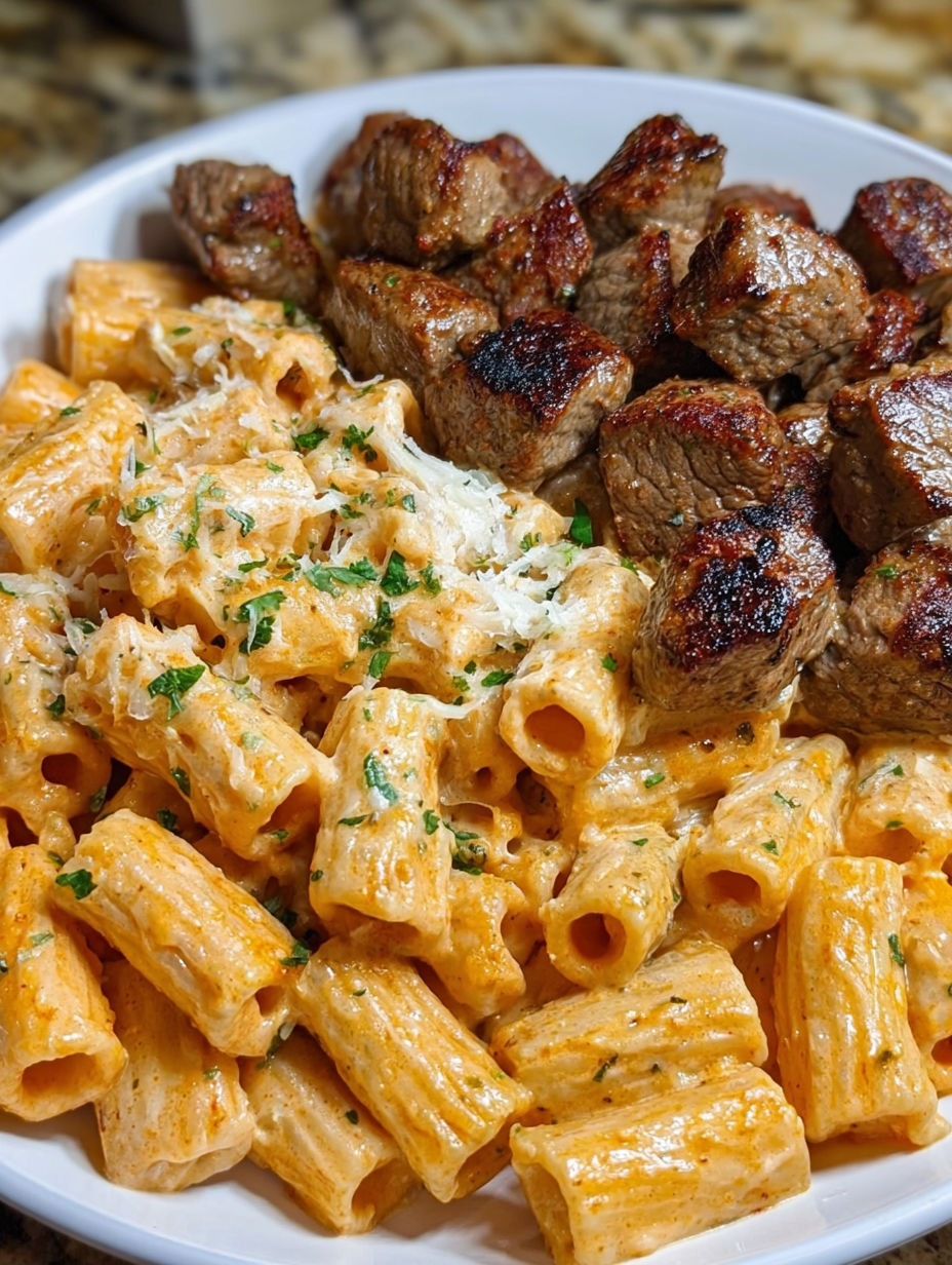 A plate of pasta with meat on top.