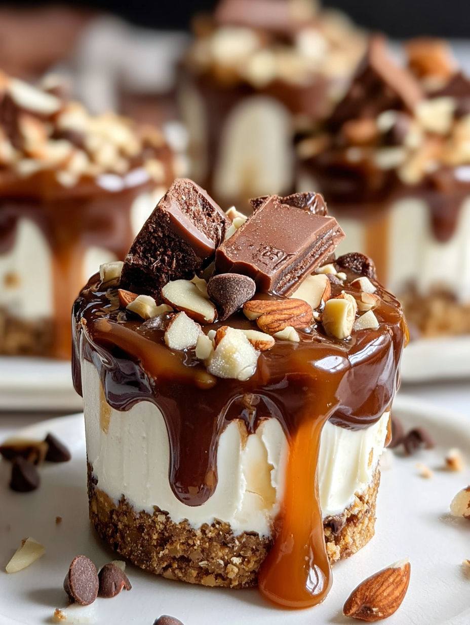 A close up of a dessert with chocolate and caramel drizzled on top.