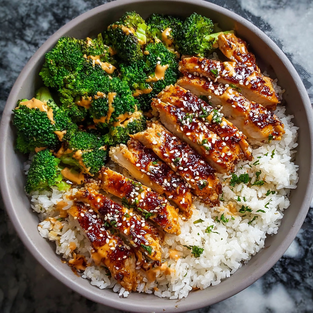 A bowl of rice and chicken with a sauce on top.
