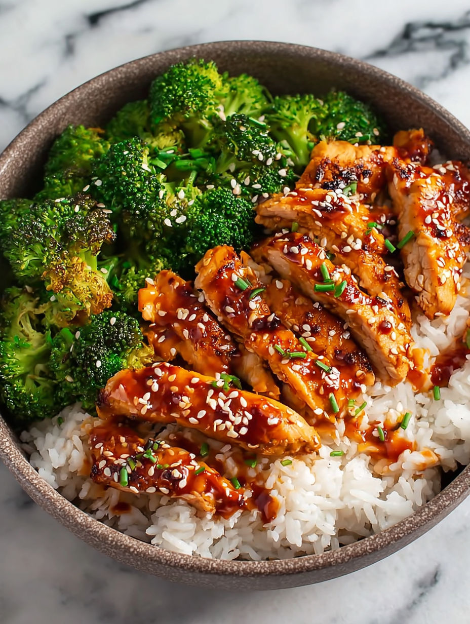 A bowl of rice and chicken with broccoli.