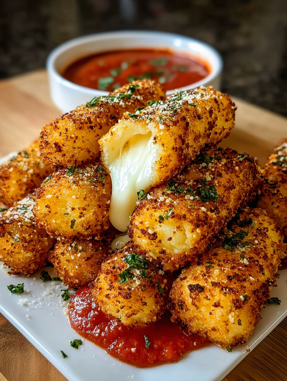 A plate of cheesy mozzarella sticks.