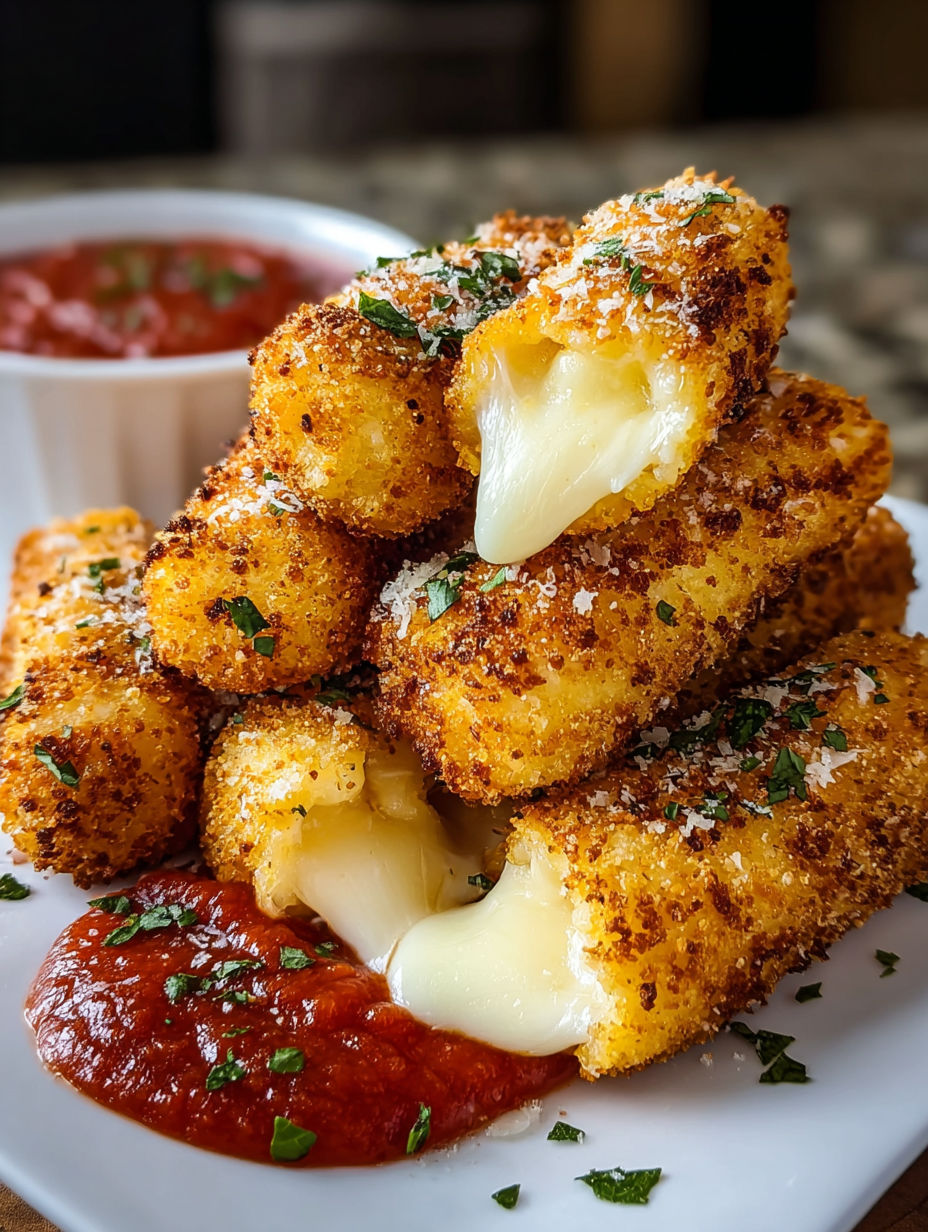 Mozzarella sticks with cheese and tomato sauce.
