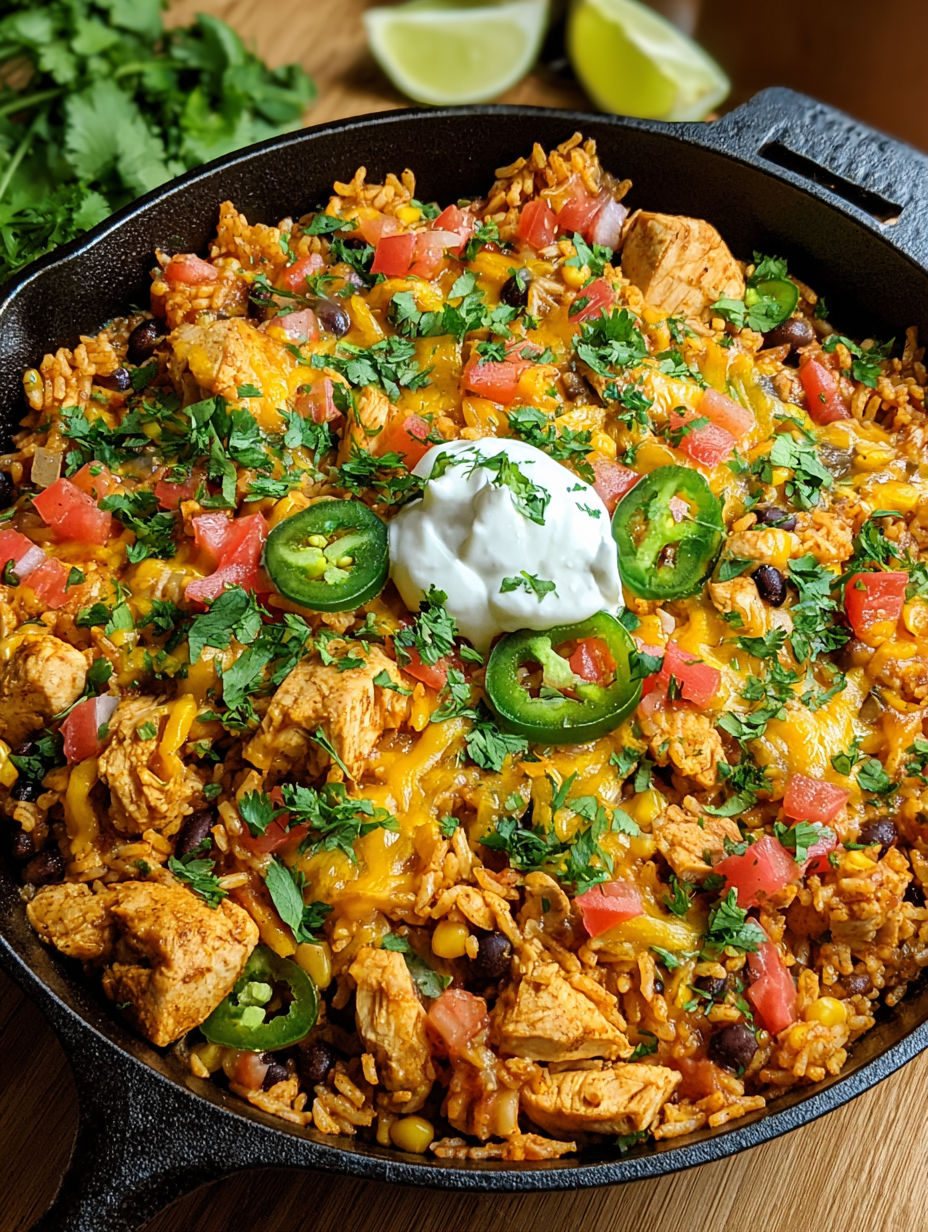 A skillet full of rice and chicken.