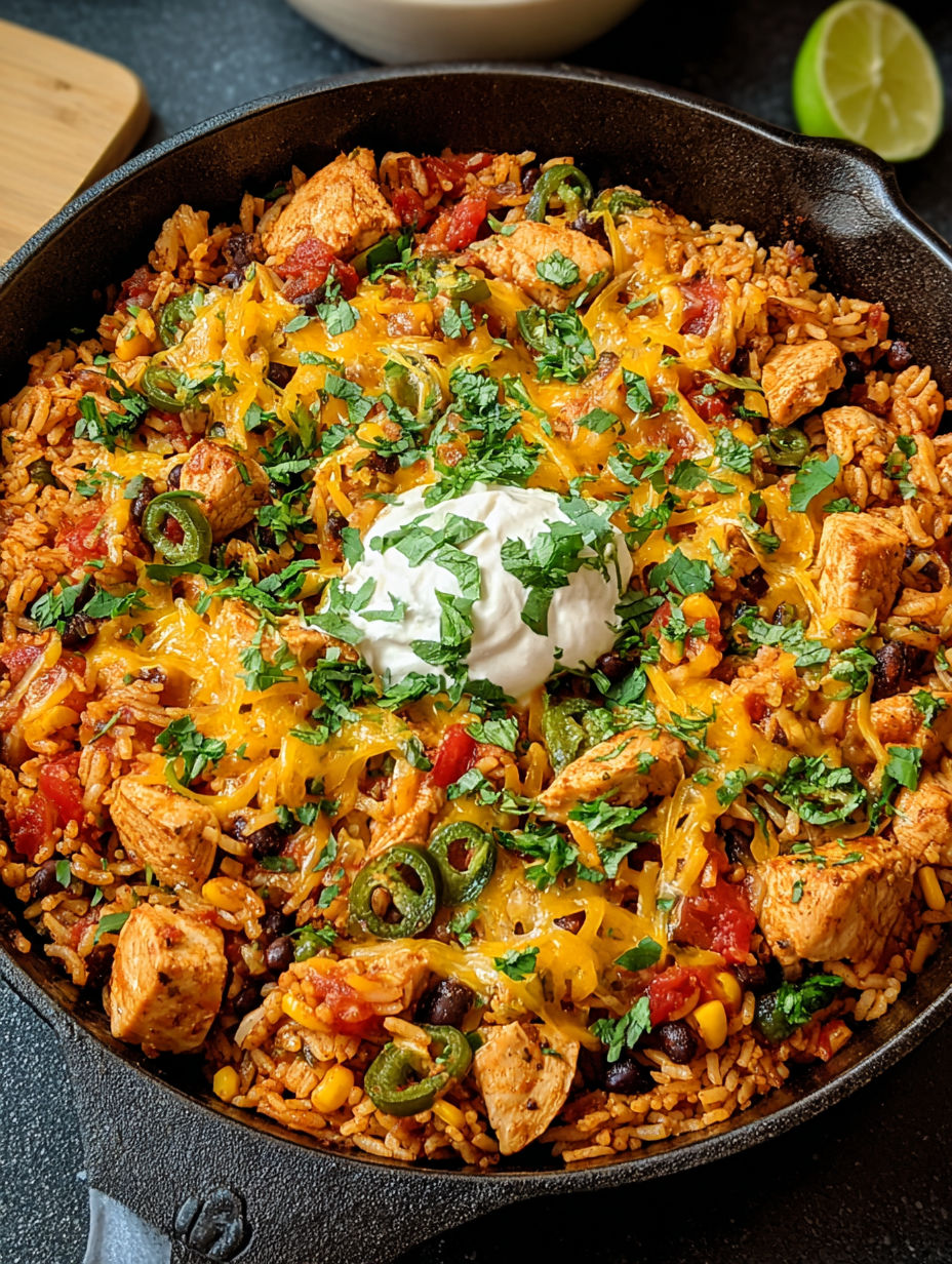 A skillet full of rice, beans, and chicken.