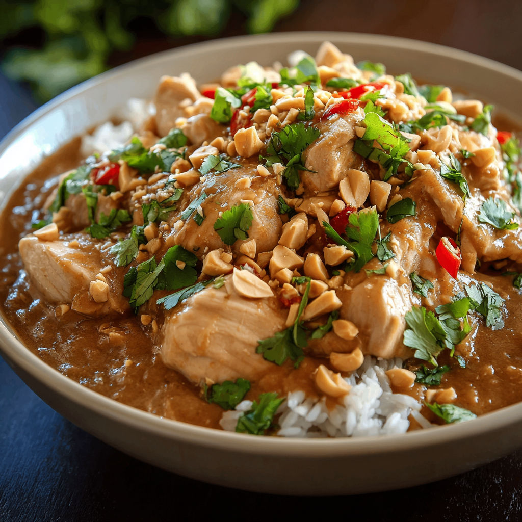 A bowl of slow cooker Thai peanut chicken.