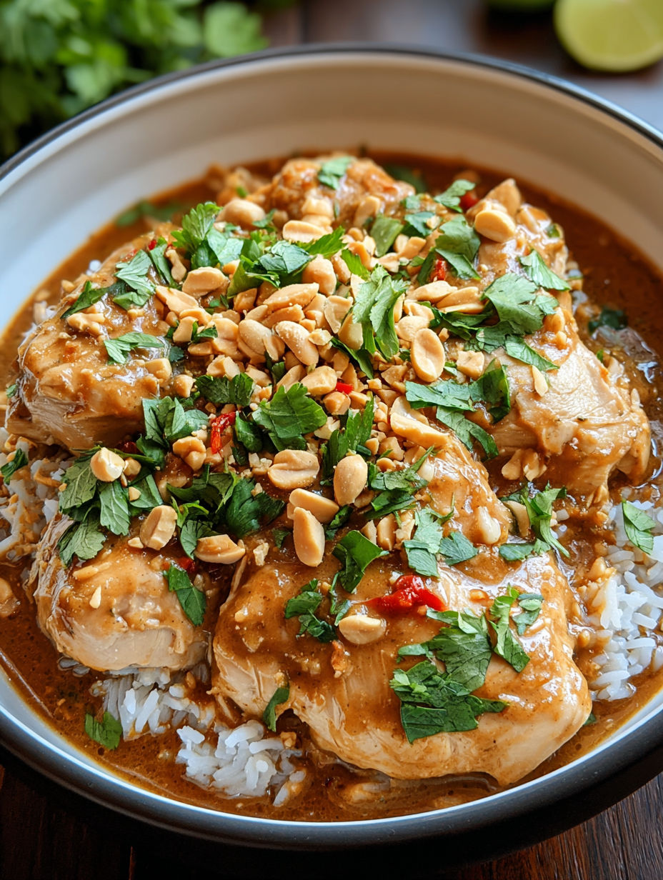 A bowl of slow cooker Thai peanut chicken.