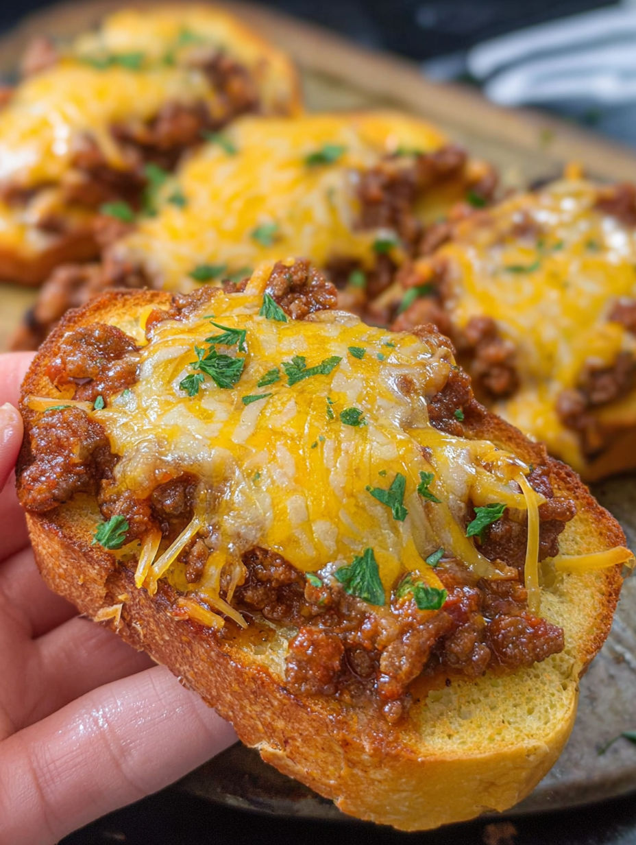 A slice of garlic toast with cheesy sloppy joe on top.