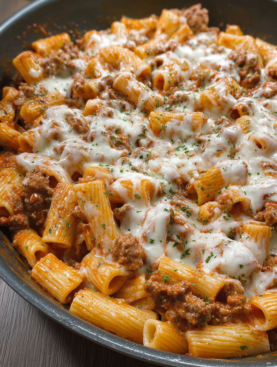 A delicious cheesy beef rigatoni dish.
