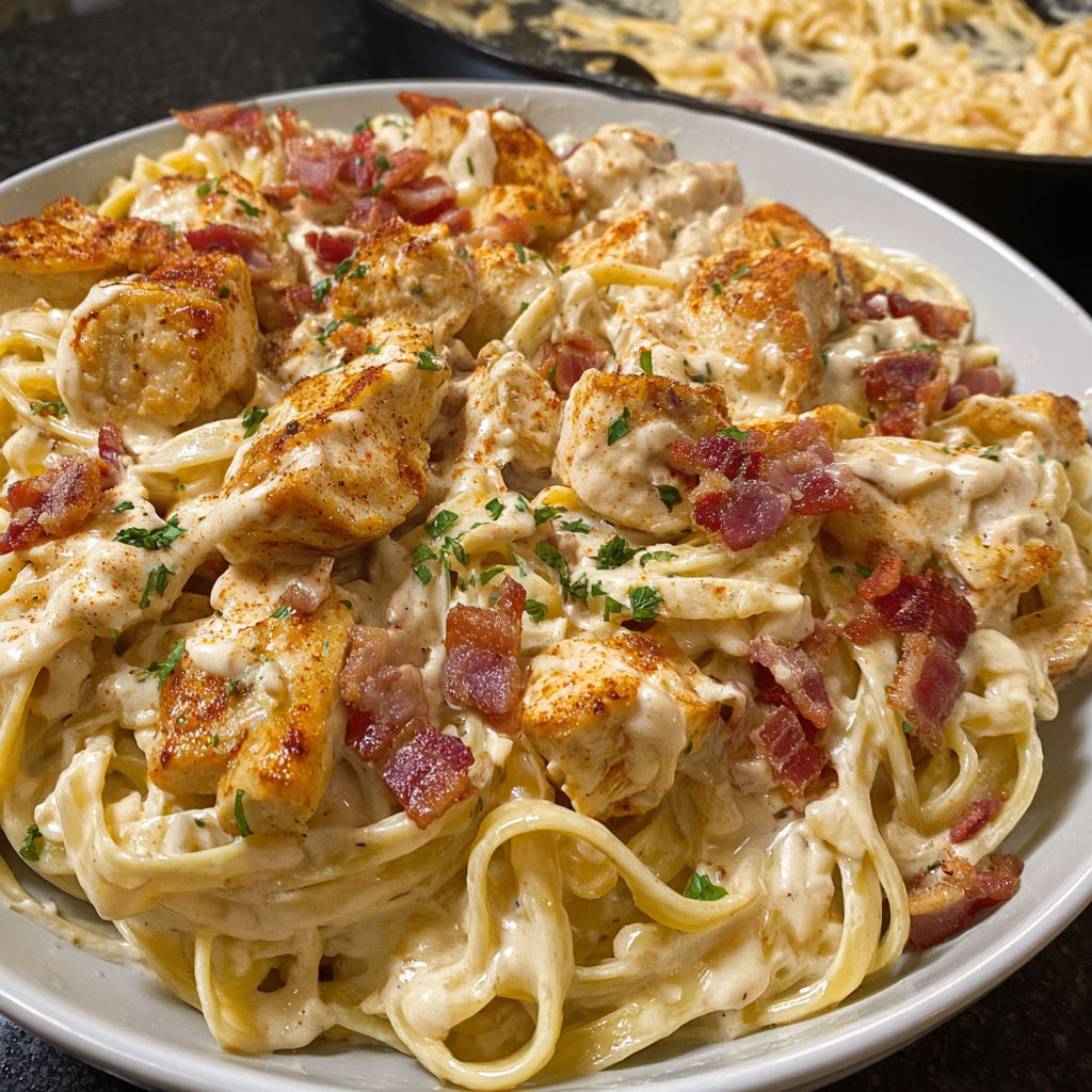 A plate of creamy chicken bacon alfredo.