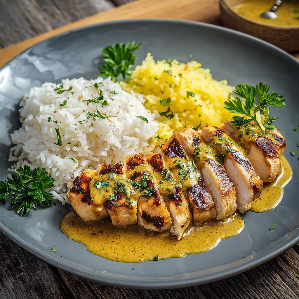 A plate of chicken with rice and sauce.